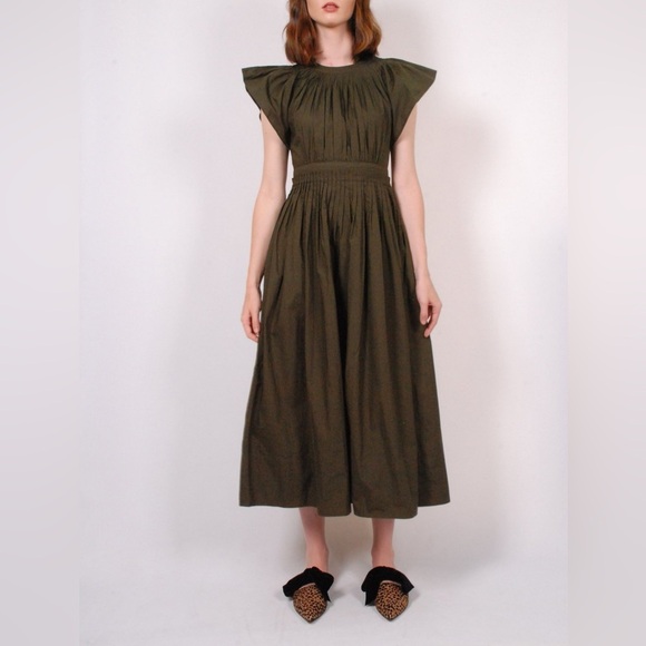 Ulla Johnson Lottie Hand Pleated Cotton Dress in Army - See Measurements - Picture 1 of 9